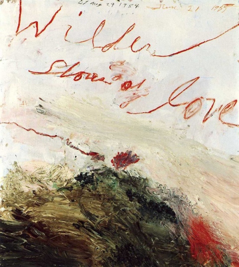 Cy Twombly Wilder Shores of Love 1985, oil-based house paint, paint stick, coloured pencil and lead pencil on wooden panel