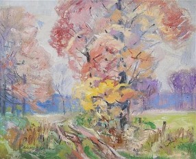"Pink and Yellow Tree" (nd, oil on canvas) by Albert Henry Krehbiel