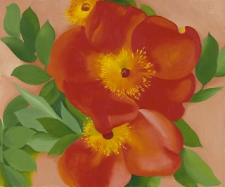 "Two Austrian Copper Roses III" (1957, oil on canvas laid down on board) by Georgia O'Keeffe